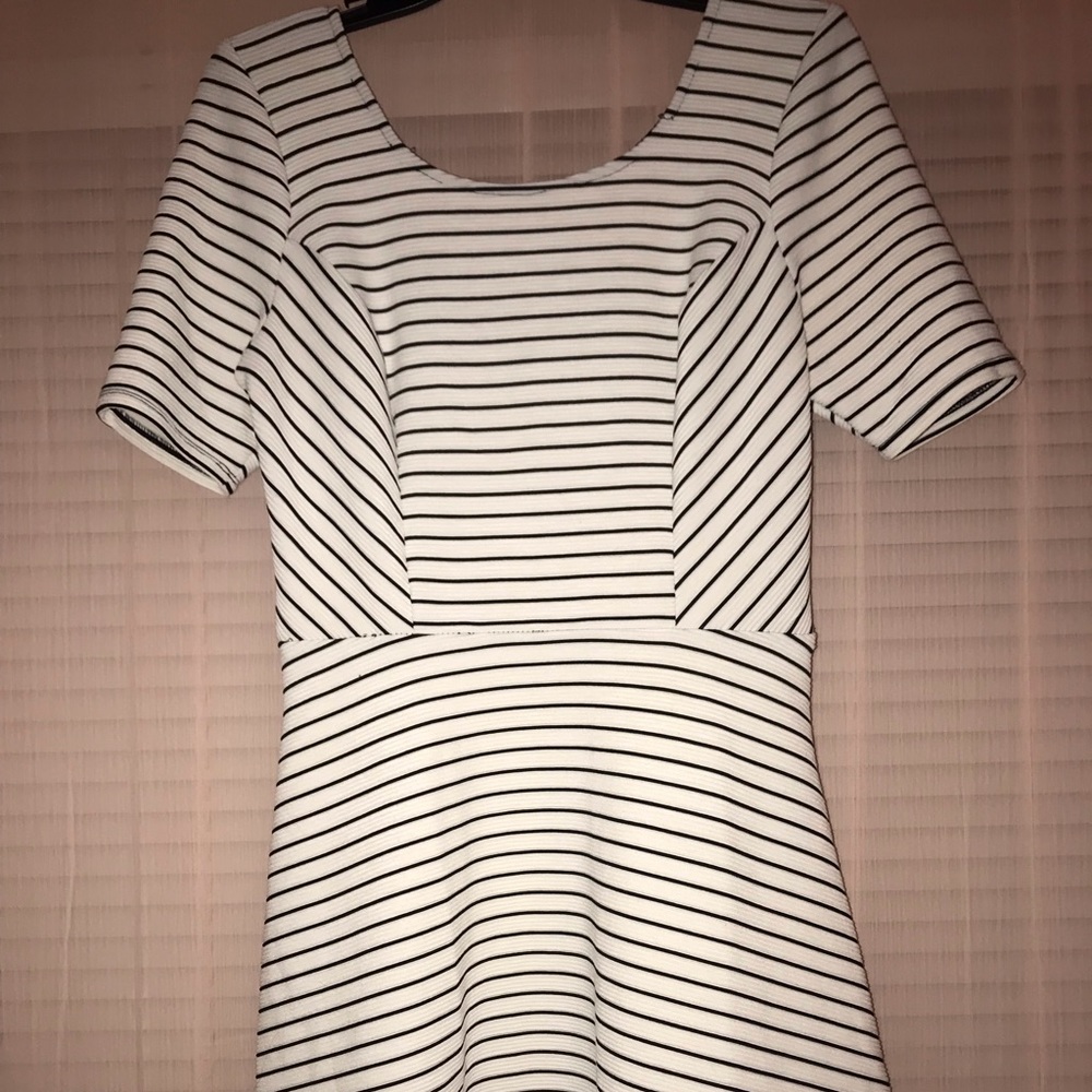 Striped White Short Sleeved A-Line Dress